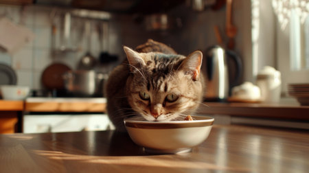 A plump cat enjoying a treat from a bowl, with a satisfied expression in a neatly designed kitchenの素材