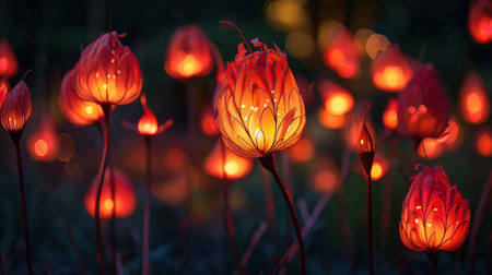 A mesmerizing display of illuminated fire flowers lighting up the night, their radiant glow filling the air with warmth and colorの素材
