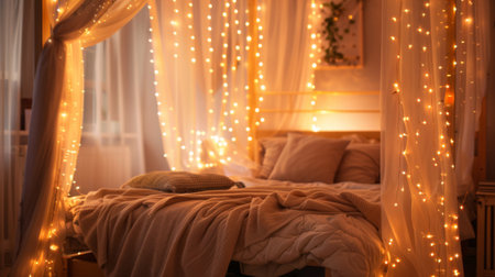 A whimsical string of fairy lights draped around a canopy bed, creating a dreamy and romantic bedroom retreatの素材