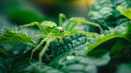 A vibrant green lynx spider camouflaged among leaves, poised and ready to ambush its unsuspecting preyの素材