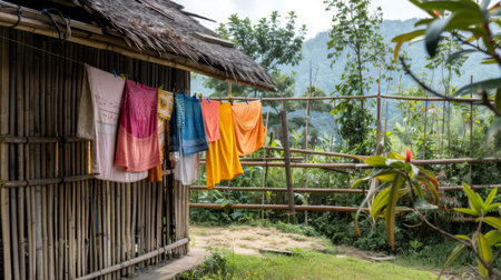 A traditional bamboo clothesline with hand-washed garments hanging to dry in a rural village settingの素材