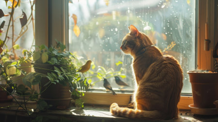 An overweight cat sitting on a window sill, gazing outside at birds and greenery with a relaxed posture in a sunlit roomの素材