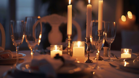 A romantic dinner table set with candles in elegant candleholders, creating a warm and intimate atmosphereの素材