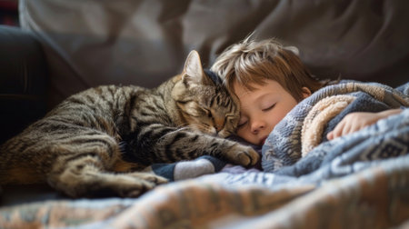 An overweight cat cuddled up next to a young child, both asleep on a comfy couch with a soft blanket covering themの素材