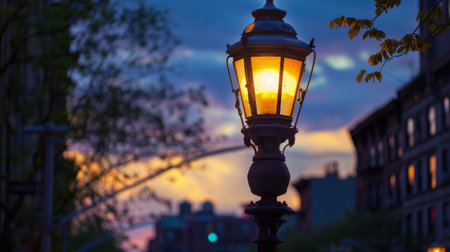 A vintage gas lamp glowing in the twilight, adding a touch of old-world charm to a historic city streetの素材