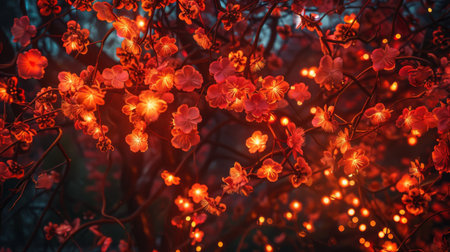 A stunning display of fiery blossoms illuminating the night, creating a magical and enchanting atmosphereの素材