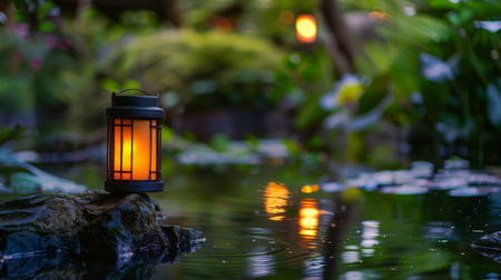 Close-up of a glowing lantern floating on a tranquil pond, adding a touch of magic to a garden or outdoor spaceの素材