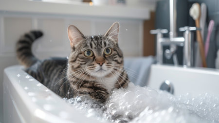 An overweight cat sitting in a bathtub filled with bubbles, looking curious and playful in a bright and clean bathroomの素材