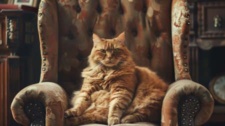 An overweight cat sitting regally on a chair, posing like a king in a stylish and elegant home officeの素材