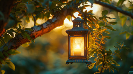 Close-up of a decorative lantern hanging from a tree branch, creating a magical atmosphere for an outdoor weddingの素材