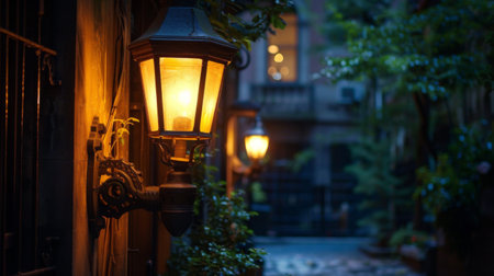 A vintage gas lamp glowing in the twilight, adding a touch of old-world charm to a historic city streetの素材