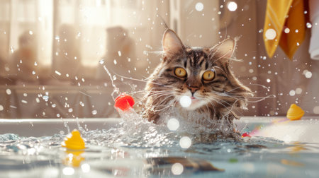 An obese cat playing with water toys in a filled bathtub, splashing and having fun in a brightly lit bathroomの素材