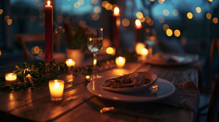 Candlelit dinner setup on a rustic wooden table, with the soft glow of candles creating a romantic atmosphereの素材