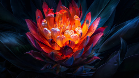 Close-up of a glowing fire flower surrounded by darkness, its vibrant colors standing out in stark contrastの素材
