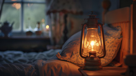 A vintage oil lamp glowing with warm light on a bedside table, evoking a sense of old-world charm and comfortの素材