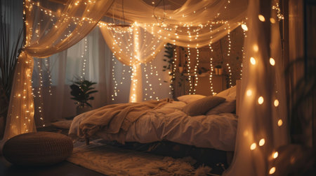 A whimsical string of fairy lights draped around a canopy bed, creating a dreamy and romantic bedroom retreatの素材
