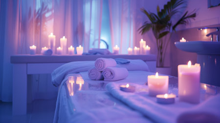 A serene spa treatment room with candles casting a soft glow, enhancing the tranquil ambiance for relaxationの素材