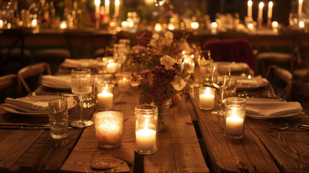 Candlelit dinner setup on a rustic wooden table, with the soft glow of candles creating a romantic atmosphereの素材
