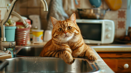 An overweight cat sitting in a filled sink, watching the water trickle from the faucet with a fascinated expression in a modern kitchenの素材
