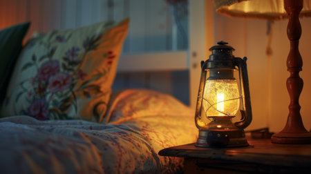 A vintage oil lamp glowing with warm light on a bedside table, evoking a sense of old-world charm and comfortの素材