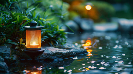 Close-up of a glowing lantern floating on a tranquil pond, adding a touch of magic to a garden or outdoor spaceの素材
