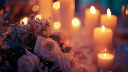 Close-up of a candlelit table centerpiece, with delicate flowers and flickering candles adding romance to a special occasionの素材