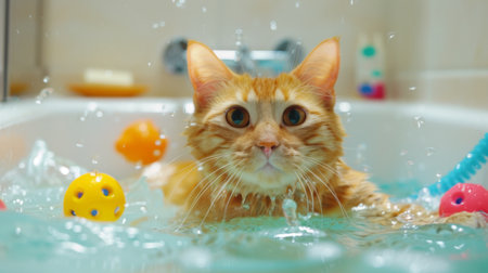 An obese cat playing with water toys in a filled bathtub, splashing and having fun in a brightly lit bathroomの素材