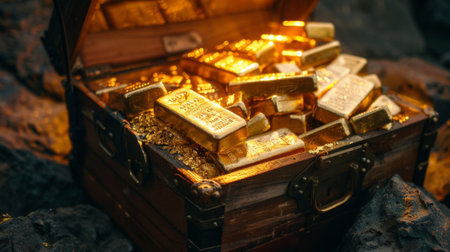 A treasure chest filled with gold bars, representing the timeless allure and enduring value of precious metals throughout history.の素材