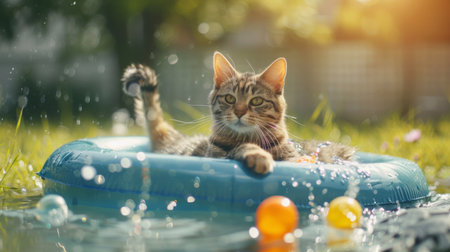 An overweight cat having fun in a small pool, splashing and playing with floating toys on a sunny day in a beautiful gardenの素材