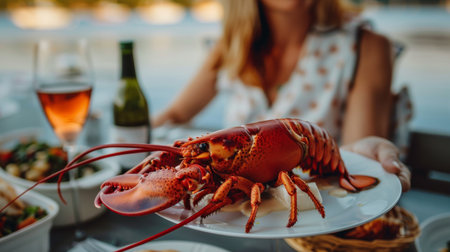 A woman enjoying a luxurious lobster dinner at a waterfront restaurant, savoring the tender meat dipped in melted butter.の素材
