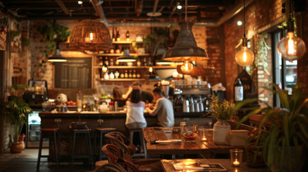 An intimate cafe setting with soft pendant lighting casting a warm glow over patrons and rustic decorの素材