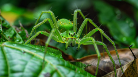 A vibrant green lynx spider camouflaged among leaves, poised and ready to ambush its unsuspecting preyの素材