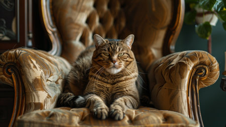 An overweight cat sitting regally on a chair, posing like a king in a stylish and elegant home officeの素材