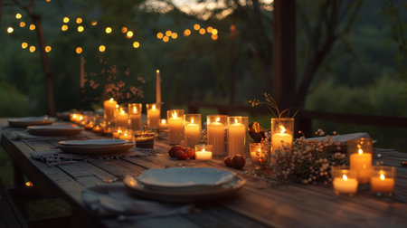Candlelit dinner setup on a rustic wooden table, with the soft glow of candles creating a romantic atmosphereの素材
