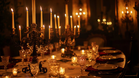 An ornate candelabra centerpiece on a dining table, filling the room with flickering candlelight and eleganceの素材