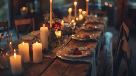 Candlelit dinner setup on a rustic wooden table, with the soft glow of candles creating a romantic atmosphereの素材