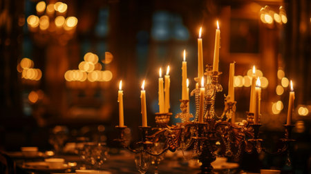 An ornate candelabra centerpiece on a dining table, filling the room with flickering candlelight and eleganceの素材