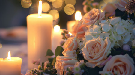 Close-up of a candlelit table centerpiece, with delicate flowers and flickering candles adding romance to a special occasionの素材