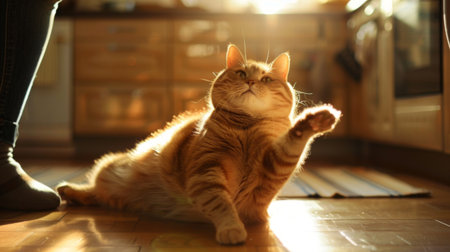 An obese cat stretching out on a kitchen floor, reaching for a treat from its owner in a warmly lit kitchenの素材