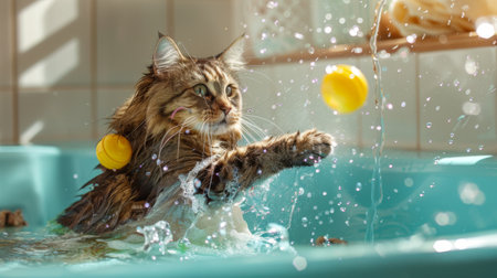 An obese cat playing with water toys in a filled bathtub, splashing and having fun in a brightly lit bathroomの素材