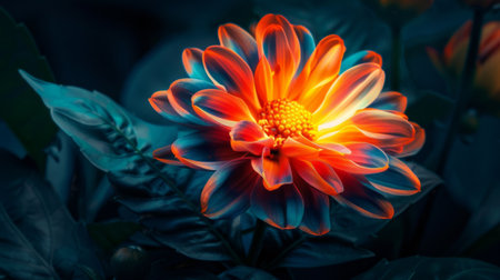 Close-up of a glowing fire flower surrounded by darkness, its vibrant colors standing out in stark contrastの素材