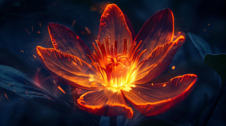 Close-up of a single fire flower glowing in the darkness, its vibrant petals ablaze with flickering flamesの素材