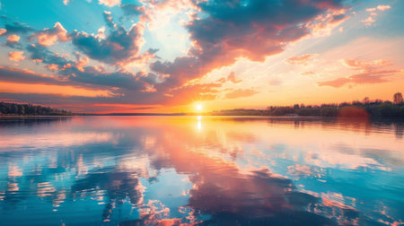 Fluffy clouds reflecting the warm colors of sunset over a calm lake, creating a serene and picturesque sceneの素材