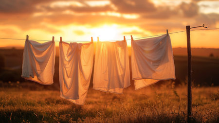 Freshly laundered sheets hanging on a clothesline, with a beautiful sunset creating a warm glow in the skyの素材