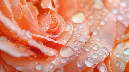 Raindrops resting on the petals of a peach-colored rose, creating a serene and tranquil scene in nature's embraceの素材
