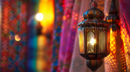 Close-up of a Moroccan-style lamp illuminating a colorful interior, adding exotic flair to the decorの素材