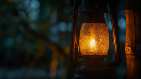 Close-up of a traditional lantern glowing in the darkness, its flickering flame creating a cozy and intimate atmosphereの素材