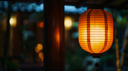 Close-up of a traditional paper lantern glowing softly in the dark, creating a serene and tranquil ambianceの素材