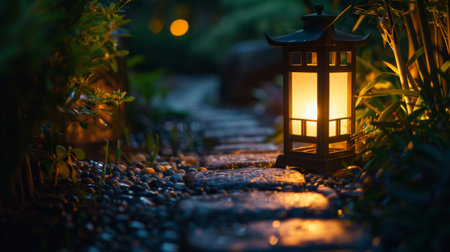 Close-up of a traditional lantern illuminating a dark garden path, guiding the way with its soft and gentle lightの素材
