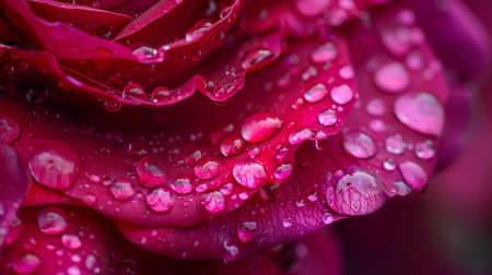 Close-up of raindrops cascading down the lush petals of a magenta rose, creating a mesmerizing display of nature's graceの素材